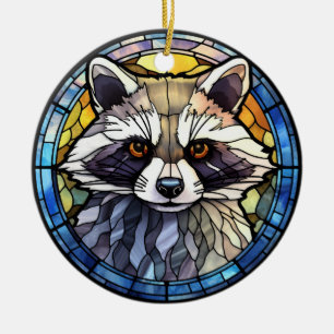 Sweet Stained Glass Frisky Raccoon Ceramic Ornament