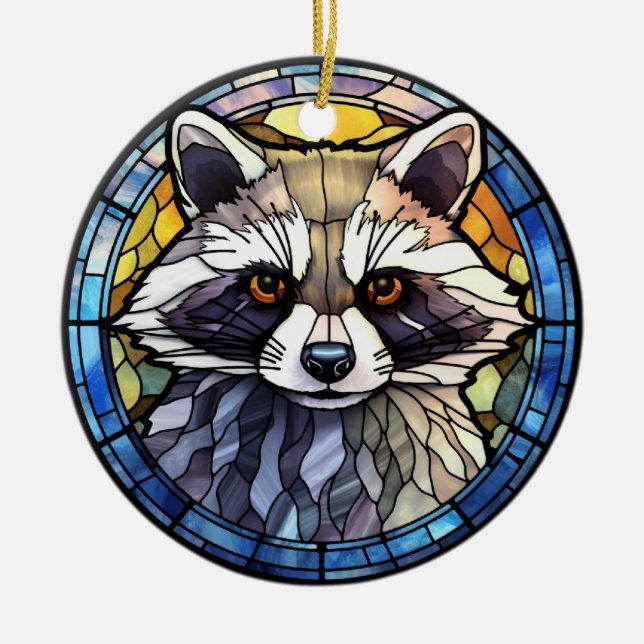 Sweet Stained Glass Frisky Racoon Ceramic Ornament (Front)