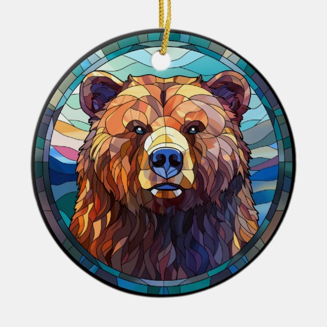 Sweet Stained Glass Grizzly Bear Ceramic Ornament (Front)