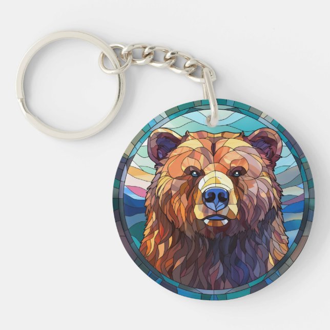 Sweet Stained Glass Grizzly Bear Key Ring (Front)