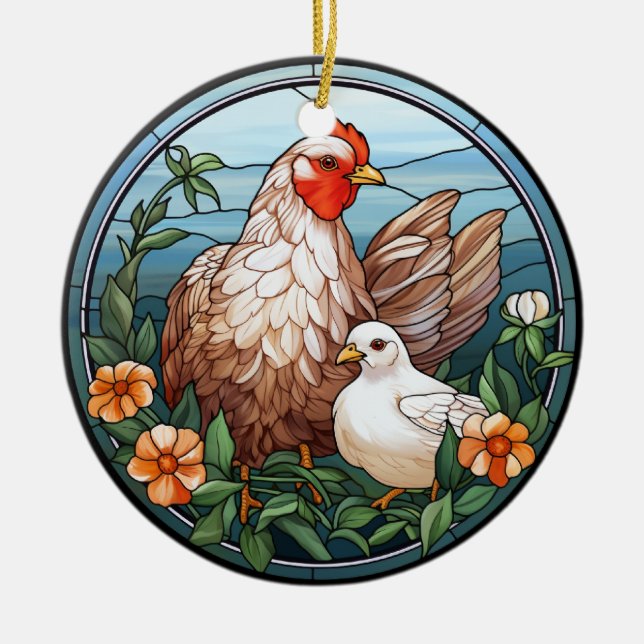 Sweet Stained Glass Hen and Chick Ceramic Ornament (Front)