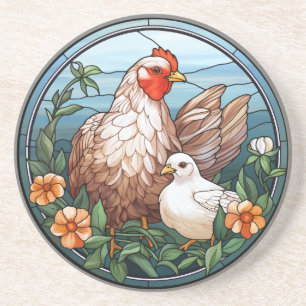 Sweet Stained Glass Hen and Chick Coaster