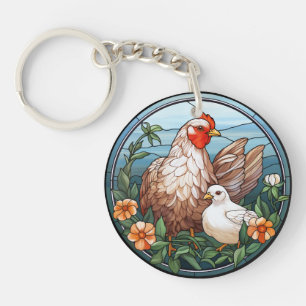 Sweet Stained Glass Hen and Chick Key Ring