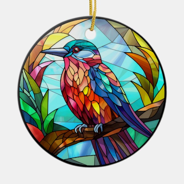Sweet Stained Glass Kingfisher Bird Ceramic Ornament (Front)