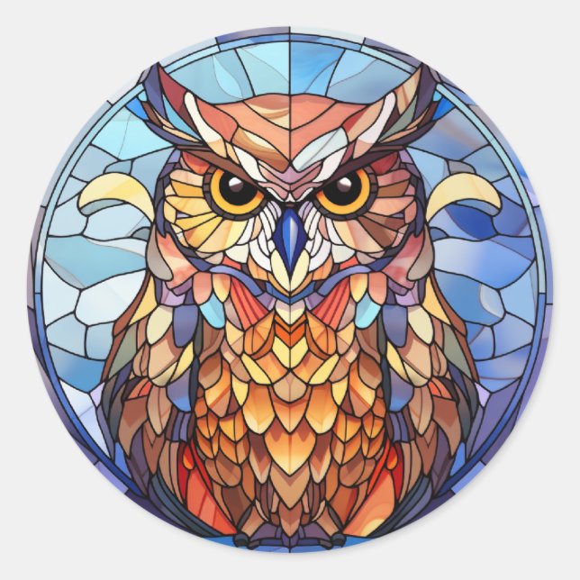 Sweet Stained Glass Owl Classic Round Sticker (Front)