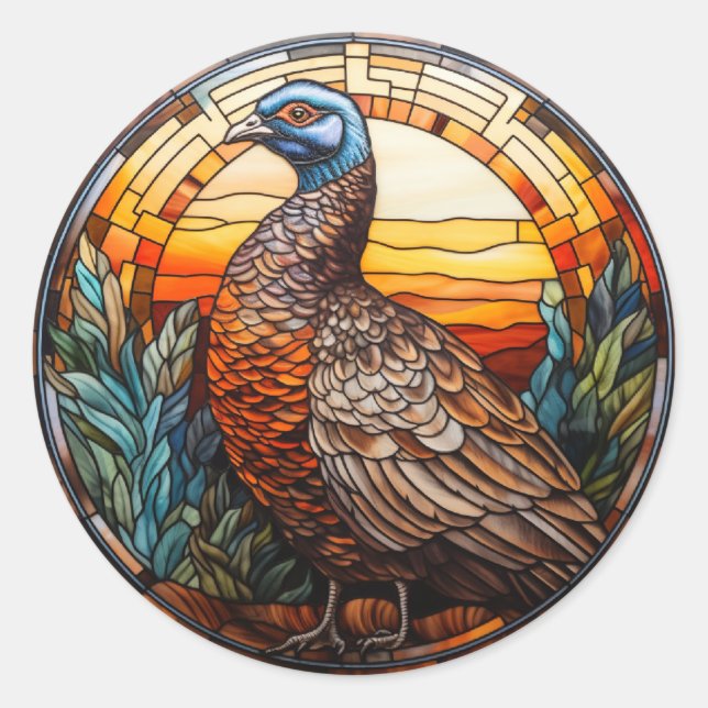 Sweet Stained Glass Pheasant Hen Classic Round Sticker (Front)