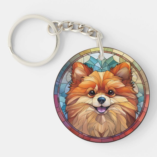 Sweet Stained Glass Pomeranian Dog Key Ring (Front)
