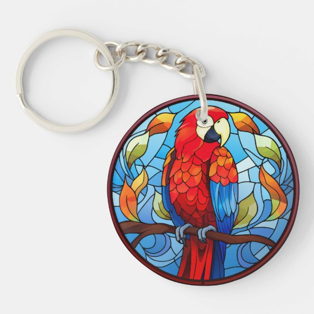 Sweet Stained Glass Scarlet Macaw Parrot Bird Key Ring (Front)