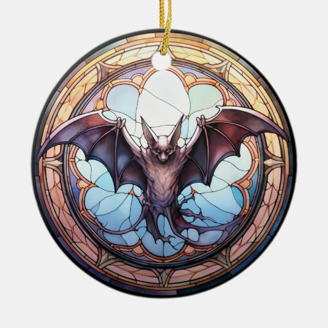 Sweet Stained Glass Spooky Flying Bat Ceramic Ornament (Front)