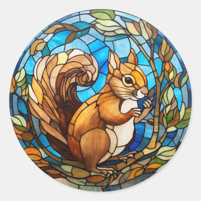 Sweet Stained Glass Squirrel Classic Round Sticker (Front)