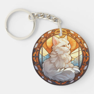 Sweet Stained Glass White Cat Key Ring