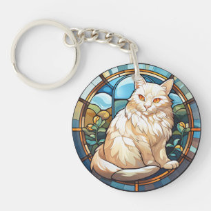 Sweet Stained Glass White Cat Key Ring