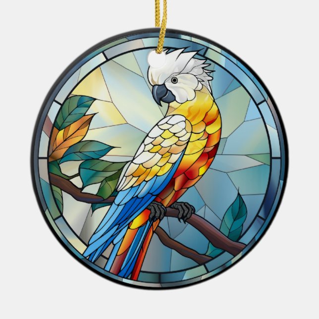 Sweet Stained Glass White Cockatoo Parrot Bird Ceramic Ornament (Front)