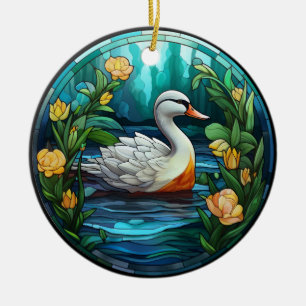 Sweet Stained Glass Wild Ducks Ceramic Ornament