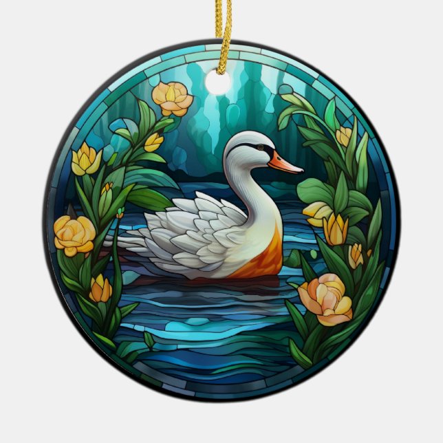 Sweet Stained Glass Wild Ducks Ceramic Ornament (Front)
