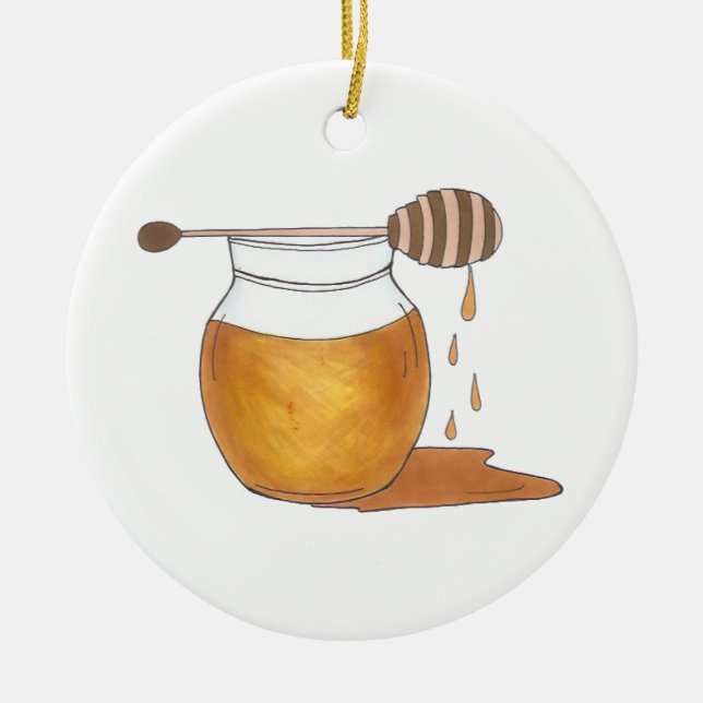 Sweet Sticky Honey Dripping Honeypot Jar Beehive Ceramic Ornament (Front)