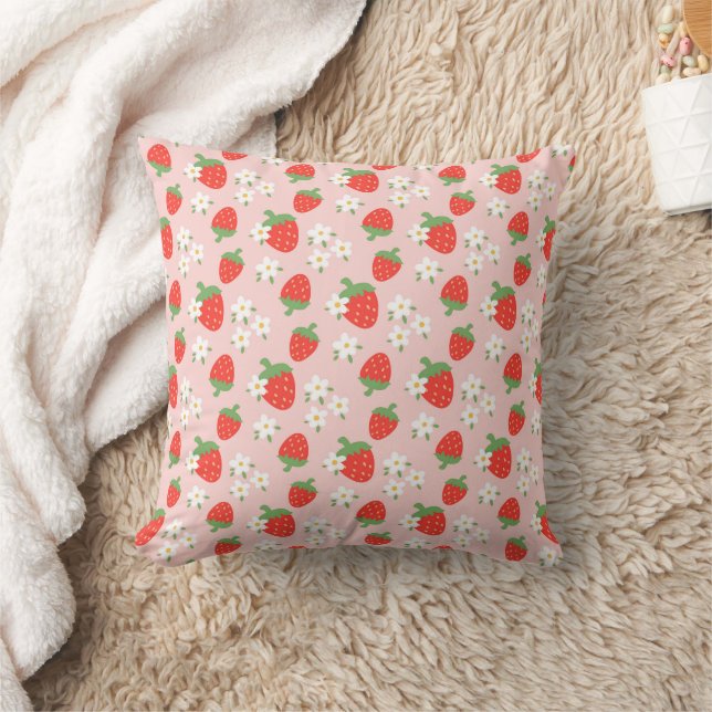 Sweet Strawberries & Daisies Throw Pillow (Blanket)