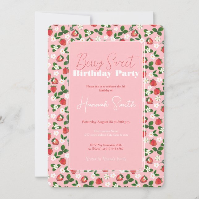Sweet Strawberries Flowers Watercolor Floral Invitation (Front)