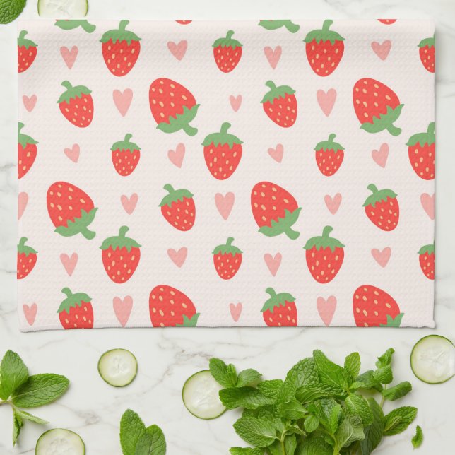 Sweet Strawberries & Hearts Kitchen Towel (Folded)