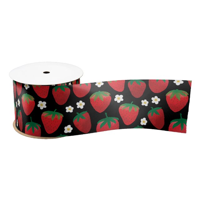 Sweet Strawberries Pattern on Black Satin Ribbon (Spool)
