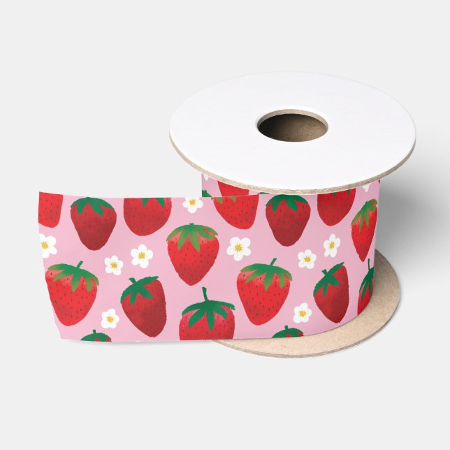 Sweet Strawberries Pattern on Pink Satin Ribbon (Spool)
