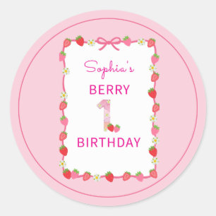 Sweet Strawberry 1st Birthday Invitation Classic Round Sticker