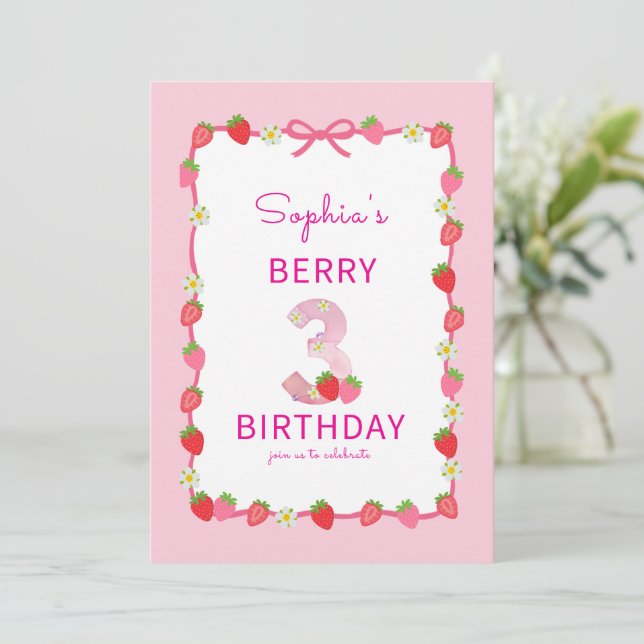 Sweet Strawberry 3rd Birthday Invitation (Standing Front)