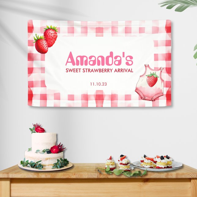Sweet Strawberry Arrival Gingham Baby Shower Pink  Banner (Sweet Strawberry Arrival Baby Shower Pink Red Gingham Cottage Picnic watercolor new mother-to-be mom)