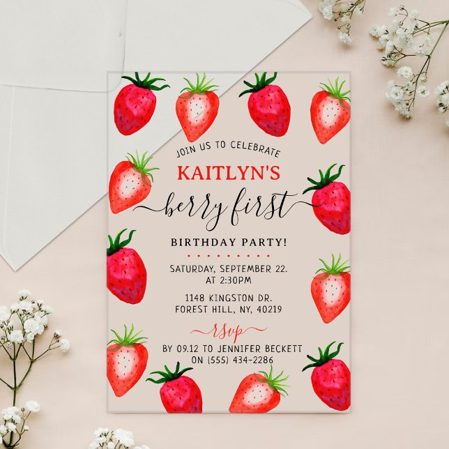 Sweet Strawberry Berry First 1st Birthday Acrylic Invitations (Creator Uploaded)