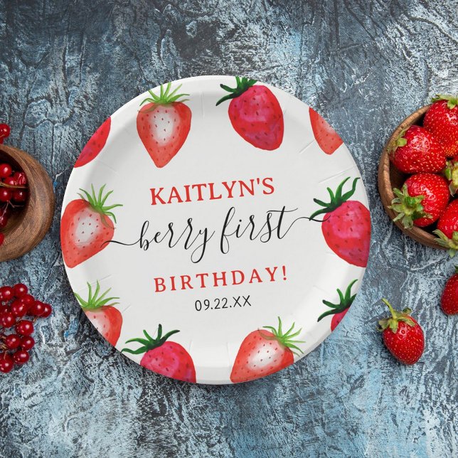 Sweet Strawberry Berry First 1st Birthday Paper Plate (Creator Uploaded)