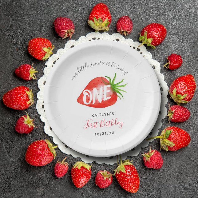 Sweet Strawberry Berry First 1st Birthday Paper Plate (Creator Uploaded)