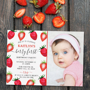 Sweet Strawberry Berry First 1st Birthday Photo Invitation