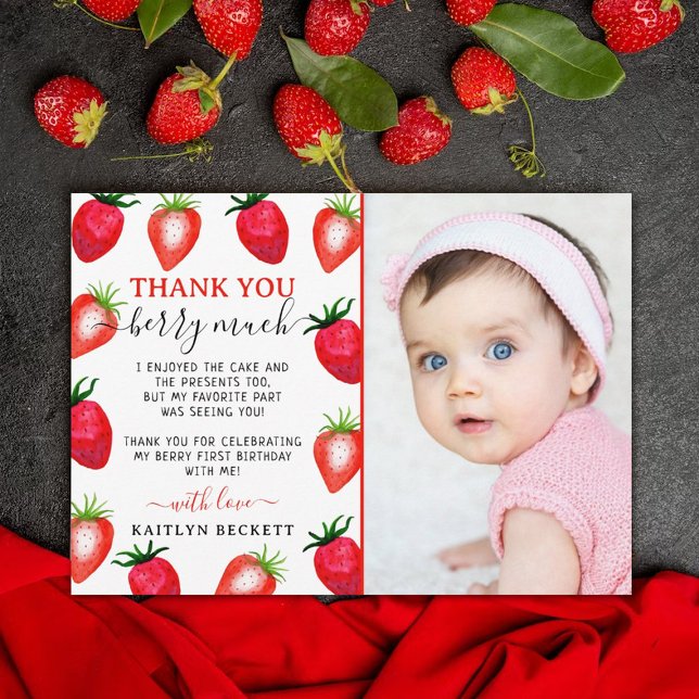 Sweet Strawberry Berry First 1st Birthday Photo Thank You Card (Creator Uploaded)