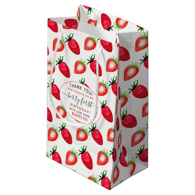 Sweet Strawberry Berry First 1st Birthday Small Gift Bag (Front Angled)