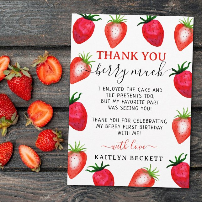 Sweet Strawberry Berry First 1st Birthday Thank You Card (Creator Uploaded)