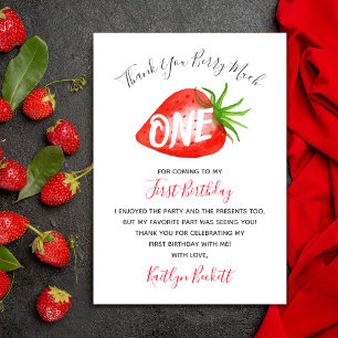 Sweet Strawberry Berry First 1st Birthday Thank You Card