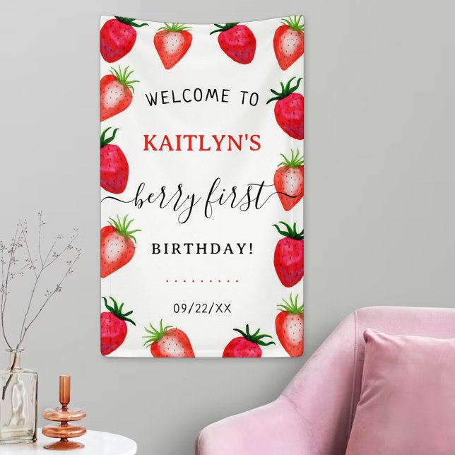 Sweet Strawberry Berry First 1st Birthday Welcome Banner (Creator Uploaded)