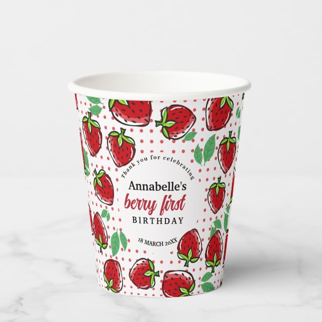 Sweet Strawberry Berry First Birthday Party Paper Cups (Front)