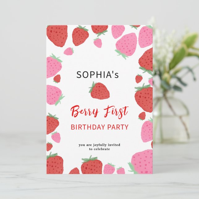 Sweet Strawberry Birthday Invitation (Standing Front)