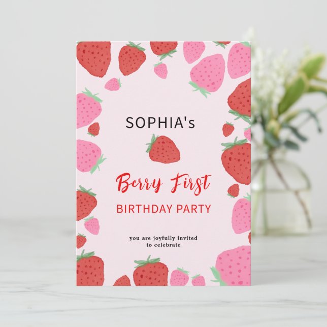 Sweet Strawberry Birthday Invitation (Standing Front)