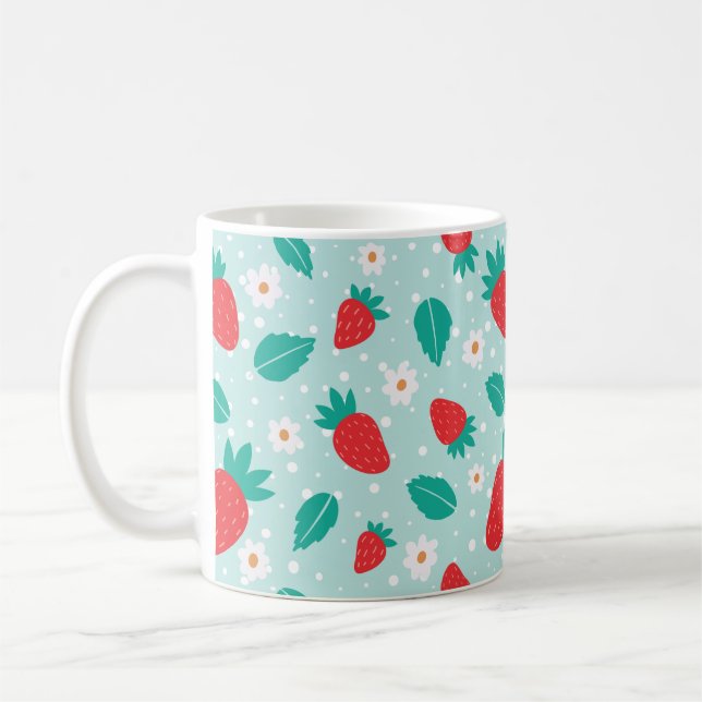 Sweet Strawberry Blossom Pattern on Teal Coffee Mug (Left)
