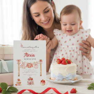 Sweet Strawberry First Birthday Outfit Clothesline Invitation