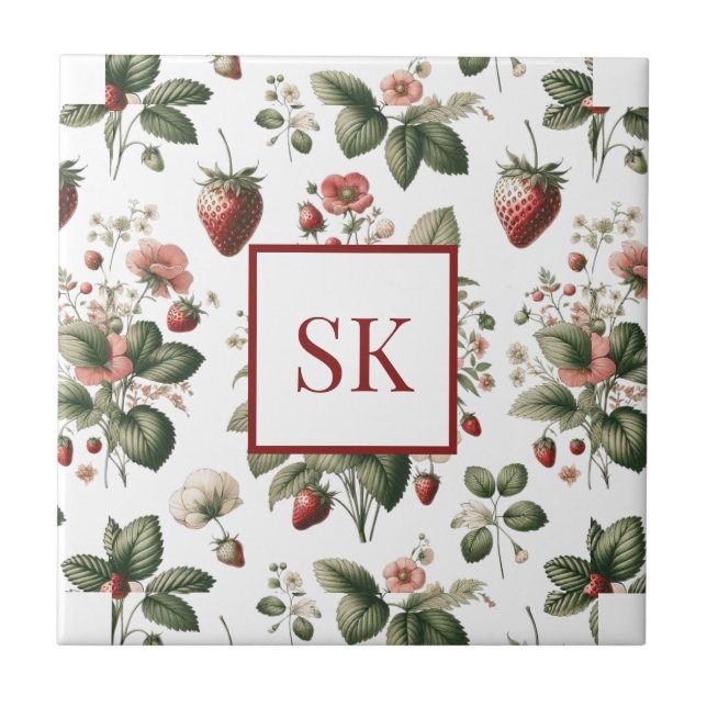 Sweet Strawberry & Floral Pattern Custom Monogram Ceramic Tile (Front)