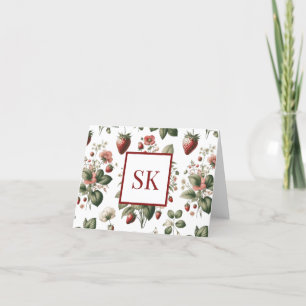 Sweet Strawberry & Floral Pattern Custom Monogram Thank You Card