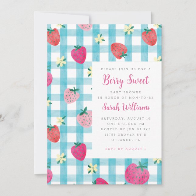 Sweet Strawberry Gingham Baby Shower Invitation (Front)