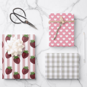 Sweet Strawberry Gingham Love Wrapping Paper Sheet