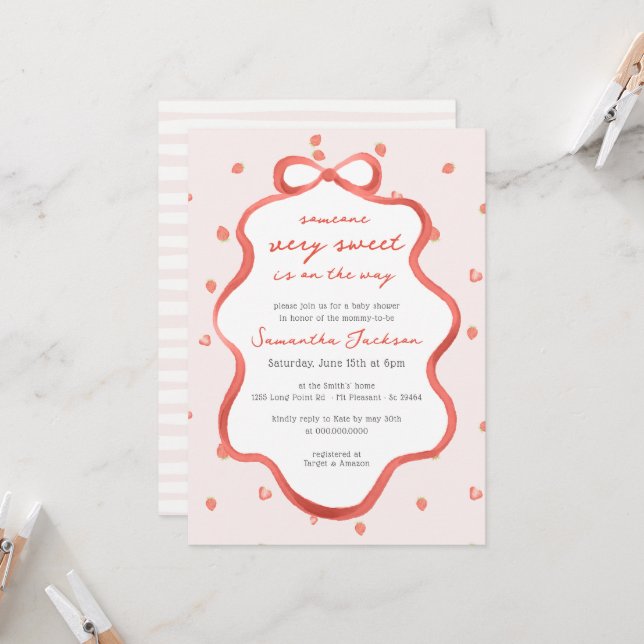 Sweet Strawberry Girl Red Bow Baby Shower Invitation (Front/Back In Situ)