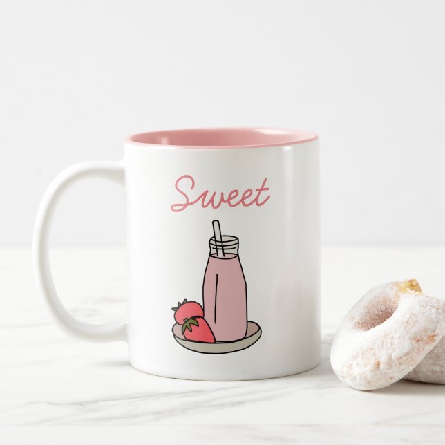 Sweet strawberry milkshake cute pink Two-Tone coffee mug (With Donut)