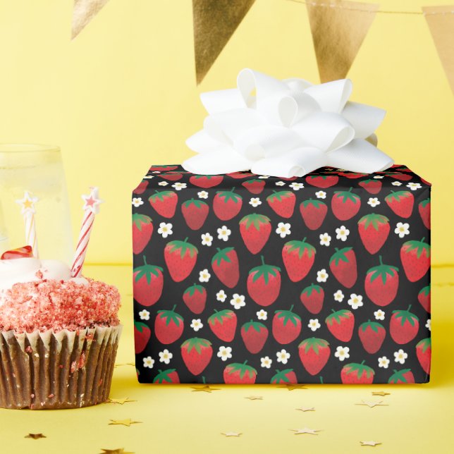 Sweet Strawberry Pattern on Black Wrapping Paper (Birthday Party)