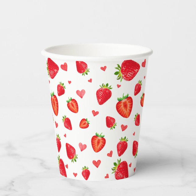 Sweet Strawberry Pattern Watercolor Love  Paper Cups (Front)